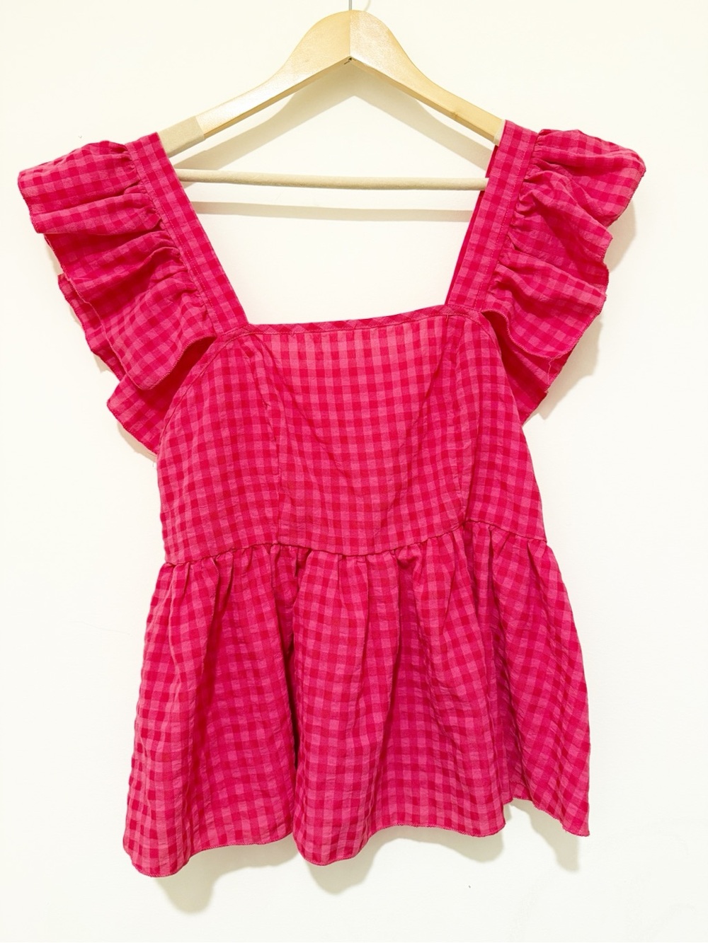 SHEIN Hot Pink Gingham Ruffle Peplum Tunic